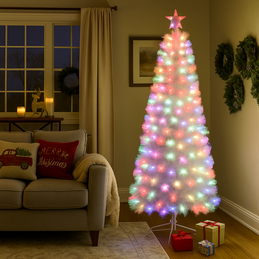 180cm white fibre optic Christmas tree with fast-changing LED lights – vibrant festive indoor decoration