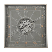 Square Gareth 80x80cm Grey Wall Clock with Exposed Gear Design and Roman Numerals – Industrial Style Timepiece