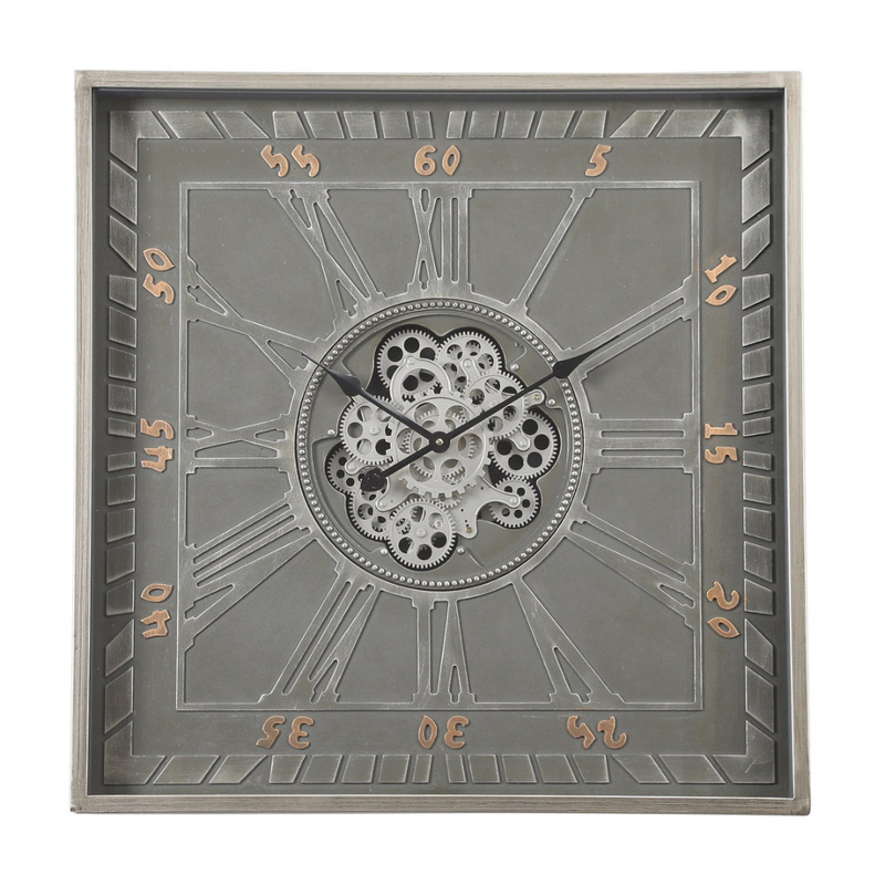 Square Gareth 80x80cm Grey Wall Clock with Exposed Gear Design and Roman Numerals – Industrial Style Timepiece