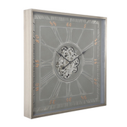 Square Gareth 80x80cm Grey Wall Clock with Exposed Gear Design and Roman Numerals – Industrial Style Timepiece