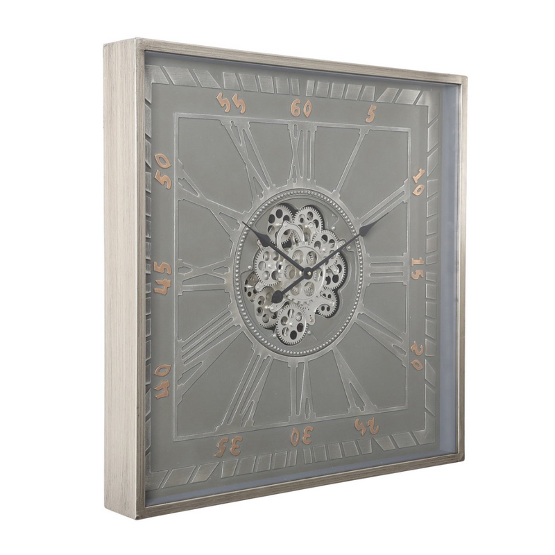 Square Gareth 80x80cm Grey Wall Clock with Exposed Gear Design and Roman Numerals – Industrial Style Timepiece