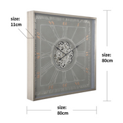 Square Gareth 80x80cm Grey Wall Clock with Exposed Gear Design and Roman Numerals – Industrial Style Timepiece