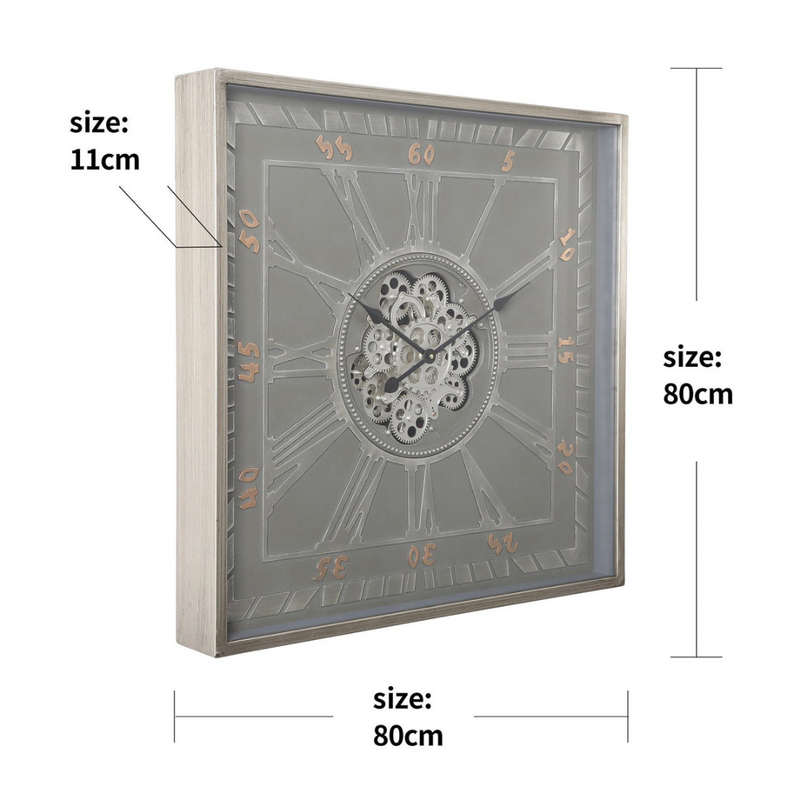 Square Gareth 80x80cm Grey Wall Clock with Exposed Gear Design and Roman Numerals – Industrial Style Timepiece