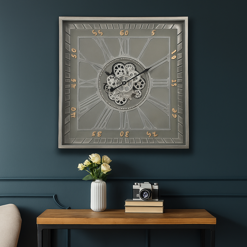 Square Gareth Exposed Gear Movement Wall Clock 80x80cm Grey — Ronis