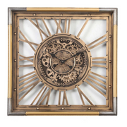 Square gold and silver wall clock with exposed gears and Roman numerals, 80x80cm