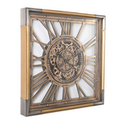 Square gold and silver wall clock with exposed gears and Roman numerals, 80x80cm