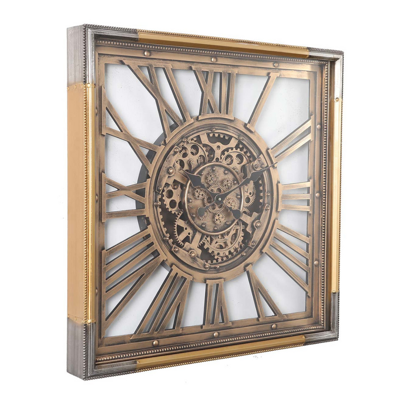 Square gold and silver wall clock with exposed gears and Roman numerals, 80x80cm