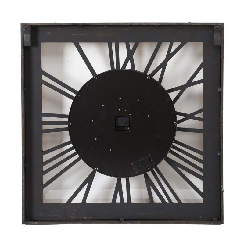 Square gold and silver wall clock with exposed gears and Roman numerals, 80x80cm