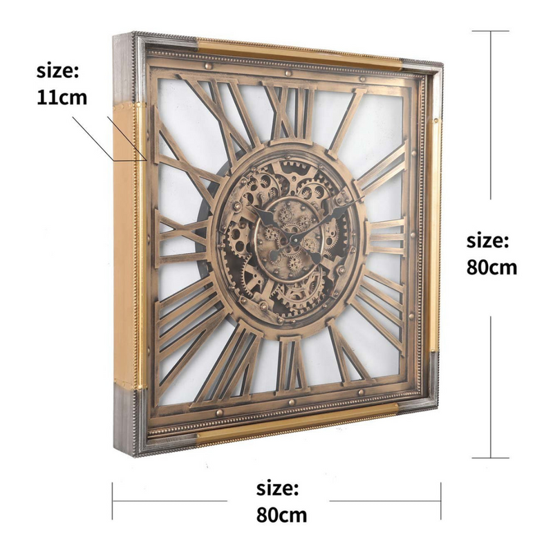 Square gold and silver wall clock with exposed gears and Roman numerals, 80x80cm