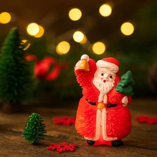 Squishy light-up Santa toy in red and white outfit, glowing when squeezed, perfect for festive fun