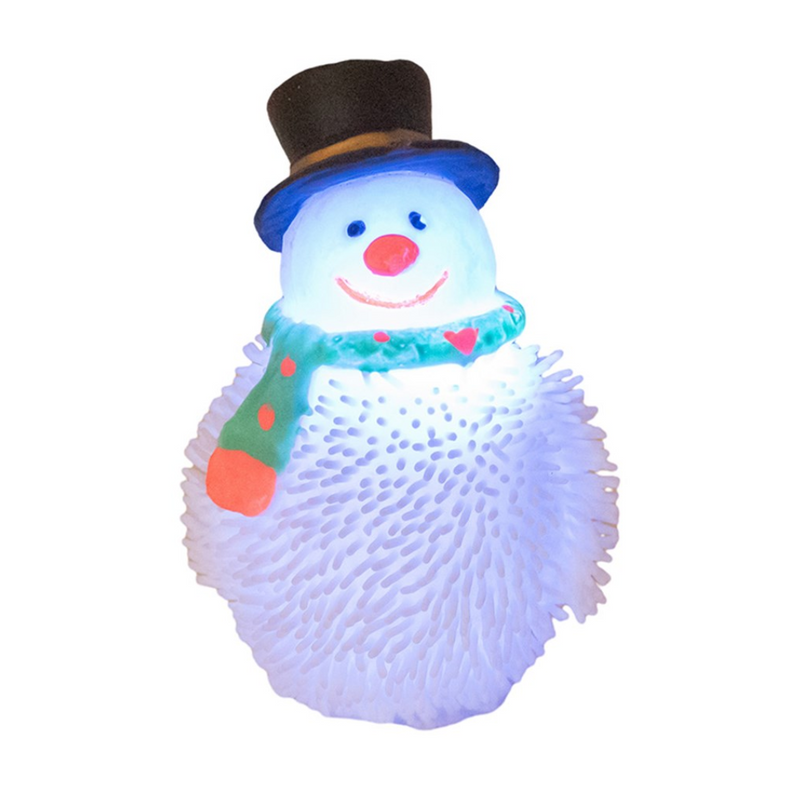 Squishy light-up snowman toy glowing with colourful lights for Christmas fun