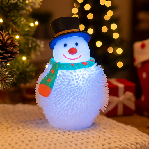 Squishy light-up snowman toy glowing with colourful lights for Christmas fun