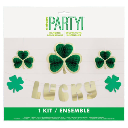 Foil stamped Lucky banner and hanging decoration kit 4 piece for St Patrick’s Day