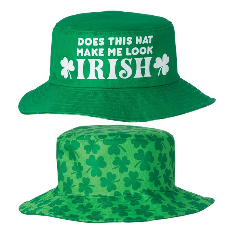 Reversible St Patrick’s Day bucket hat with green Irish-themed design, wearable for parades, festivals, and pub crawls