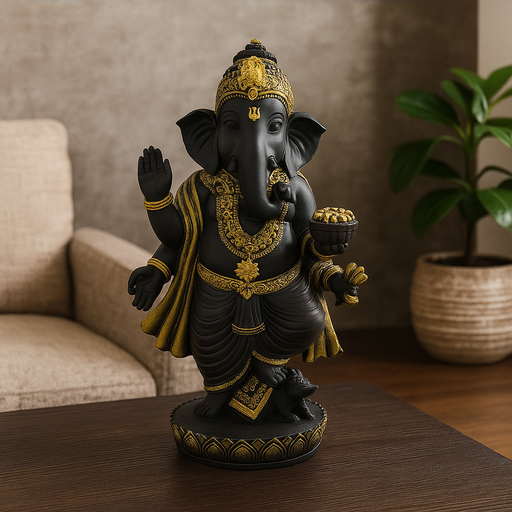 Standing Ganesh statue 28cm in black with gold accents, spiritual home décor