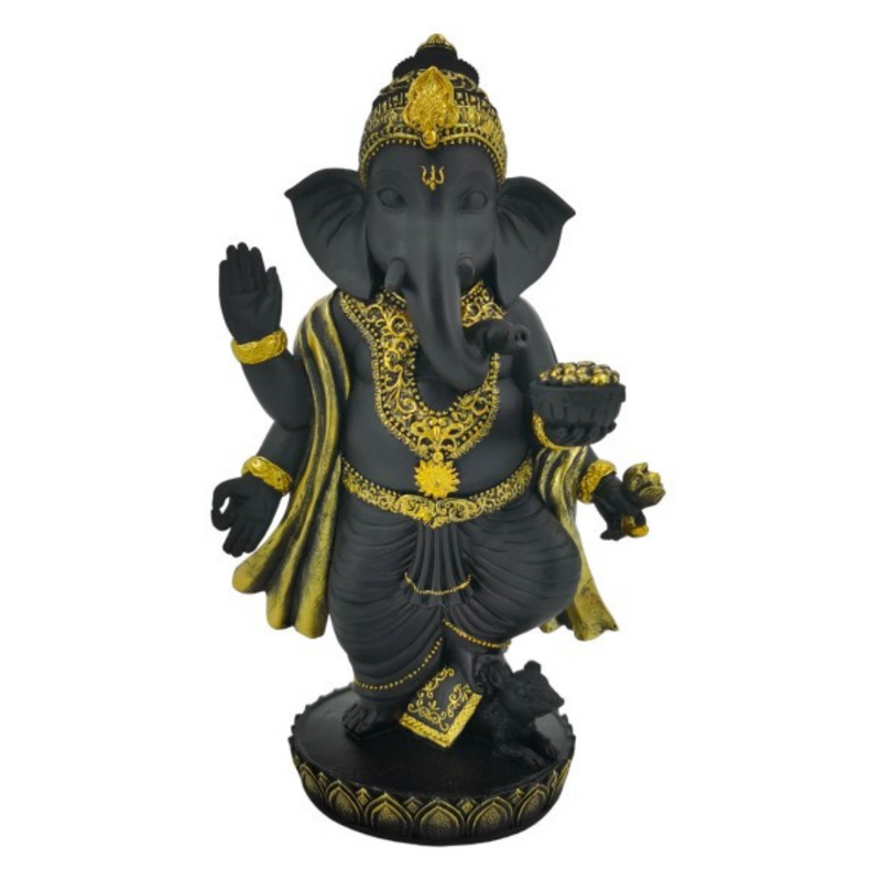 Standing Ganesh statue 28cm in black with gold accents, spiritual home décor