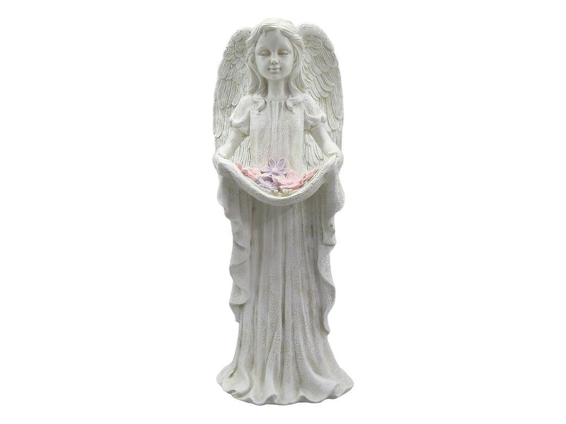 Standing garden angel statue holding a flower 33cm outdoor decorative angel ornament for patio, courtyard or memorial garden