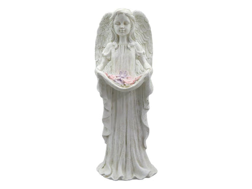 Standing garden angel statue holding a flower 33cm outdoor decorative angel ornament for patio, courtyard or memorial garden