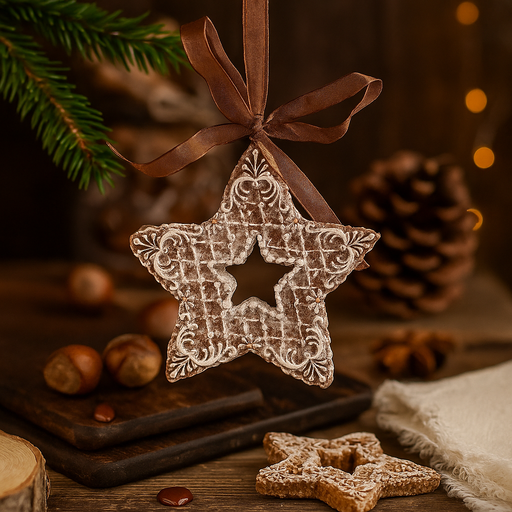 Star cookie-inspired polyresin Christmas tree ornament, 7.5x1.5x8cm.