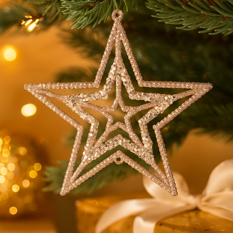 Star Tree Ornament 10cm Pink with Champagne Glitter Christmas Decoration