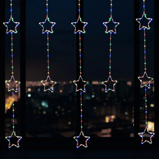 Star Window Curtain Light 325 LED Multicolour 1.2x1.3m – festive curtain lights with hanging stars for Christmas and party décor