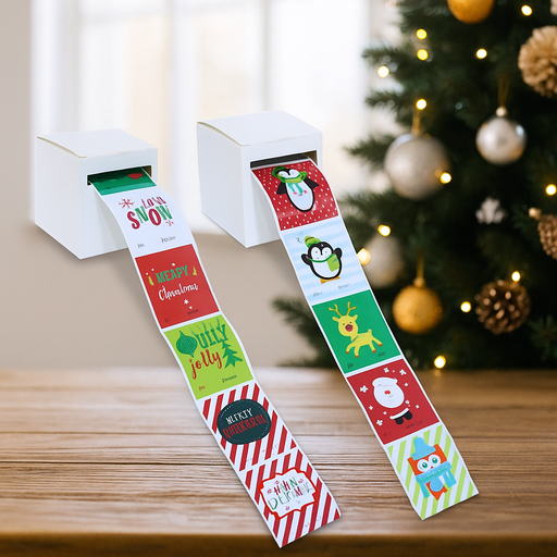 Roll of 80 assorted Christmas sticker gift tags with festive “To/From” designs