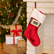 Burgundy velour Christmas stocking with white cuff and Santa belt design, festive holiday decoration