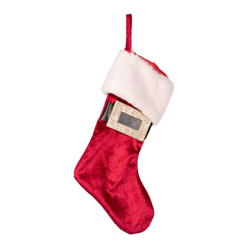 Burgundy velour Christmas stocking with white cuff and Santa belt design, festive holiday decoration