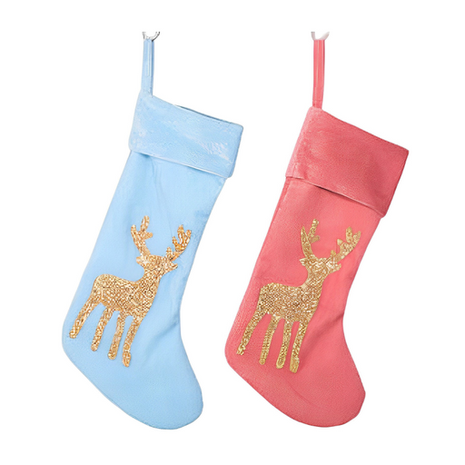 Ronis Stocking with Champagne Glitter Reindeer Blush Pink and Blue Assorted