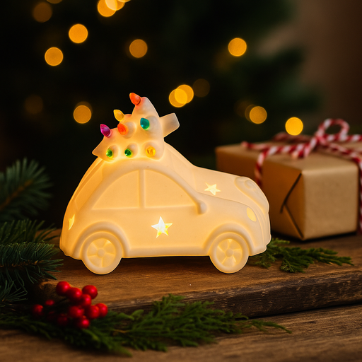 Rustic stone-look car with Christmas tree on top and LED lights for festive indoor decoration