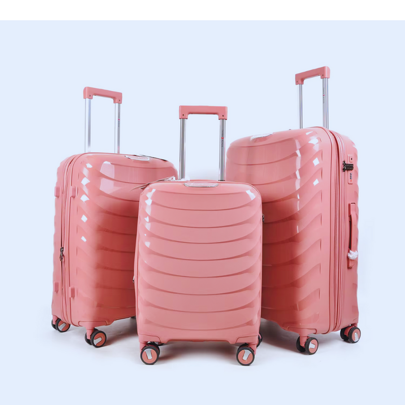 Rose gold PP rectangle suitcase set of three hard-case travel suitcases displayed together