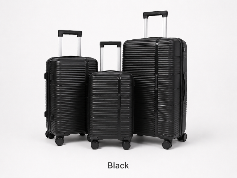 Set of black suitcases with 'Black' label on a white background