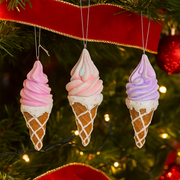 Assorted Swirl Ice Cream Cone Ornaments with pastel colors and glitter for Christmas tree decor