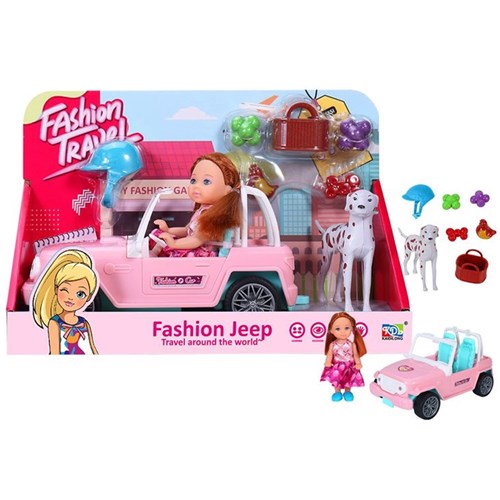 9-piece fashion doll set with jeep and pet