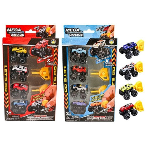 6 piece big wheel cars with launchers toy set