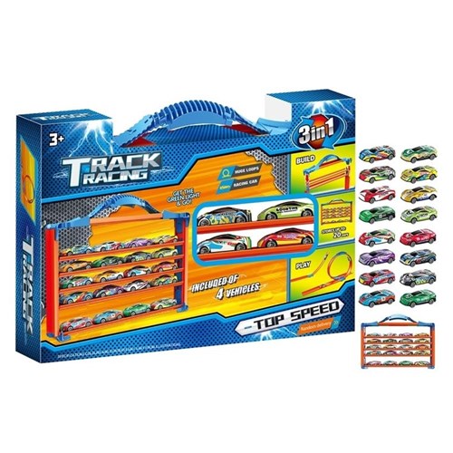 25 piece 3 in 1 racing track vehicle set with case