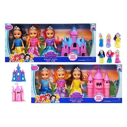 Small princess doll with castle four piece assorted playset