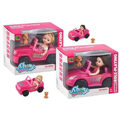 Small doll and toy car three piece assorted set