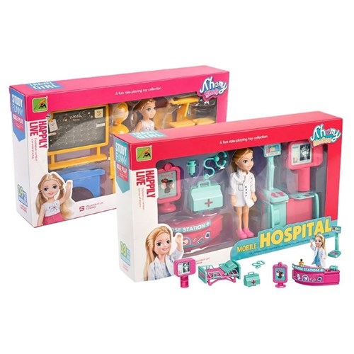 Small doctor doll with medical themed accessories