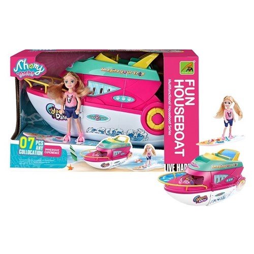 Small doll with large toy boat playset