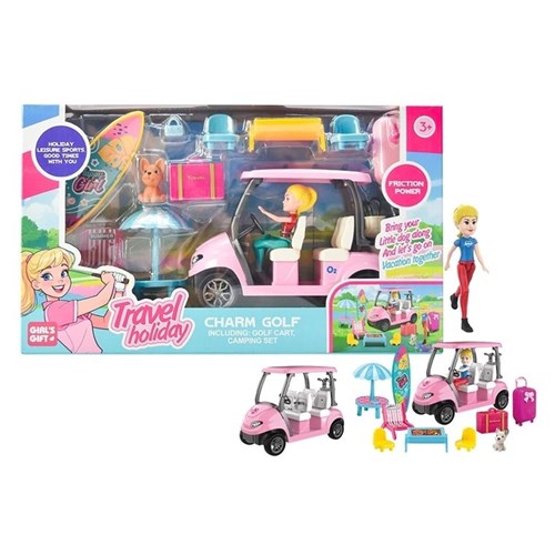 Small doll with golf cart and camping themed playset
