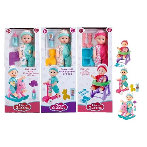 Doll playset with high chair rocking horse and scooter
