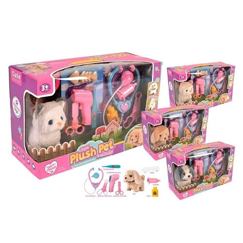Nine piece plush pet veterinary medical set with sound and movement