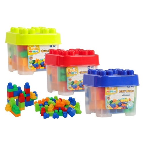 Colourful kids building blocks in storage tub