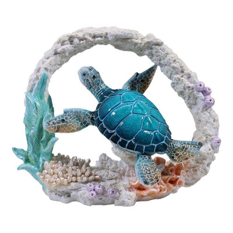 Marble blue turtle in coral ornament 22x18.5cm