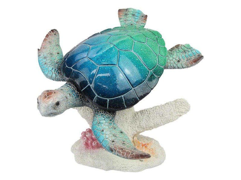 Large blue green marble turtle on coral statue