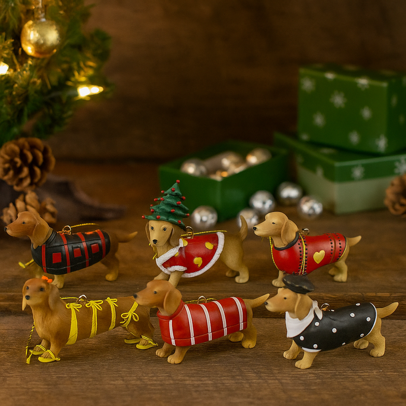 Assorted tan dachshund Christmas hanging ornaments in festive outfits and poses