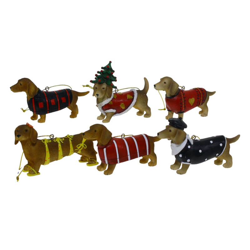 Assorted tan dachshund Christmas hanging ornaments in festive outfits and poses