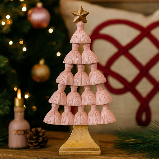 Pink Tassel Tree Polyresin Christmas Decoration 23cm