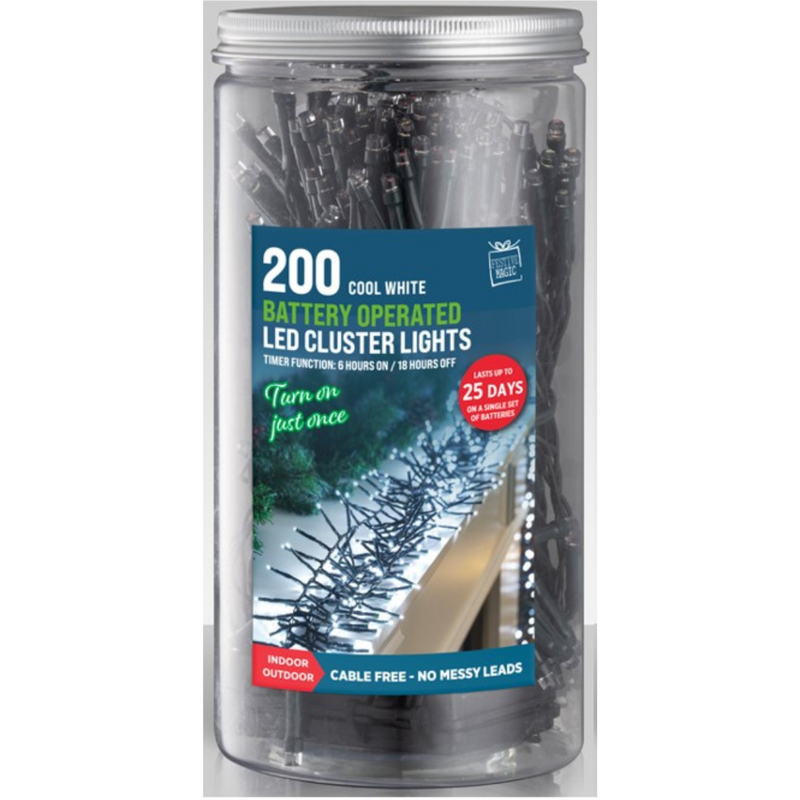 Timer LED Cluster Lights 200 Battery Operated in Jar Cool White – Decorative fairy lights for Christmas, parties, and home décor